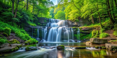 Fototapeta premium A serene Tiffany waterfall surrounded by lush green trees in the woods, Tiffany, waterfall, woods, nature, serene
