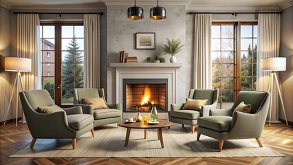 Fototapeta premium Cozy living room with fireplace and armchairs, cozy, living room, fireplace, armchairs, comfort, home, interior