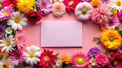 Pink background with a blank card surrounded by vibrant flowers, pink, background, blank card, flowers, colorful