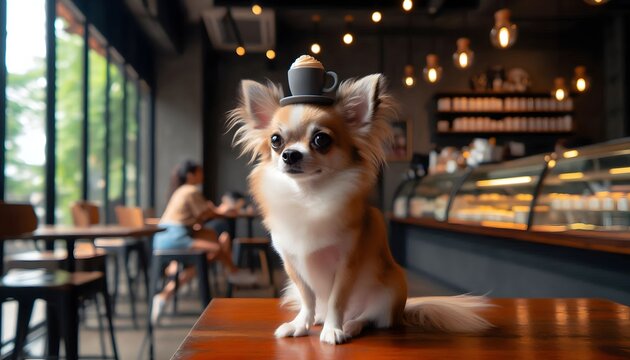A Summer Pet Photography of A cool-looking Chihuahua, balancing a tiny coffee cup on its head, sitting in a trendy caf&eacute;.