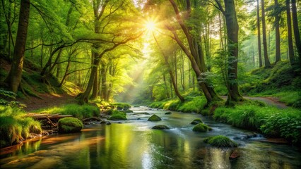 Fototapeta premium Sunlit stream winding through a lush green forest , nature, sunlight, river, trees, foliage, tranquility, landscape, wilderness
