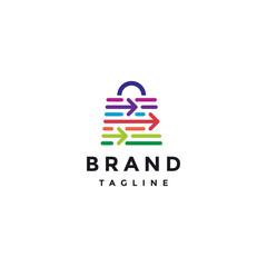 Colorful Arrow Motif Shopping Bag Logo Design. Simple Arrow Lines Form Shopping Bag Logo Design.