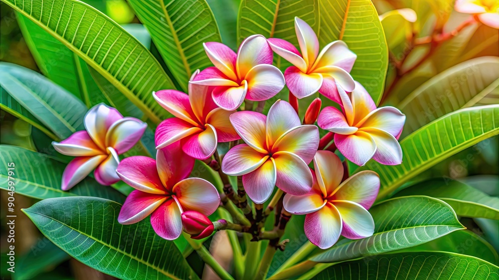 Wall mural Plumeria flowers in full bloom among lush green leaves, Plumeria, flowers, blooming, green, leaves, tropical, exotic, beauty