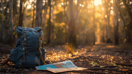 A backpack and map lying on the ground in an forest at sunrise