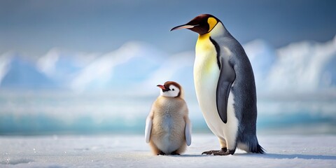 Fototapeta premium Penguin chick standing next to its mother on snowy ice, penguin, mother, baby, chick, cute, fluffy, snow, ice, wildlife, Antarctica