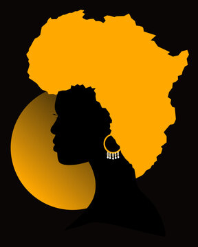 African woman, face profile silhouette with golden yellow hair in the shape of Africa's map and golden sun at the back  Vector illustration isolated on black background