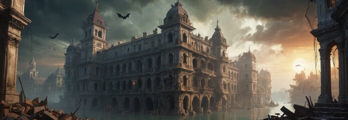 Abandoned City at Sunset.