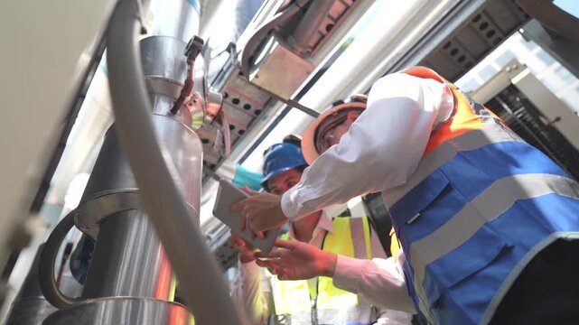 Male engineer inspects air and water pipelines in the engineering system area of ​​the factory outside where various pipelines are designed modernly. Technicians work in the petrochemical industry.