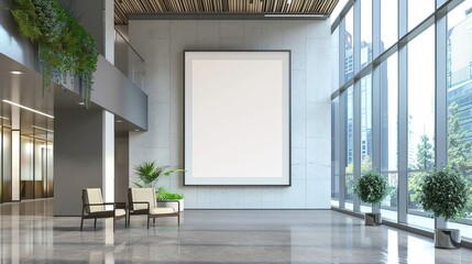 A mockup of a Large empty frame or blank white photo frame on the wall in a modern building office interior background. copy space for text.