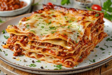 A large lasagna with meat and cheese on top of a white plate. The dish is topped with parsley and tomatoes