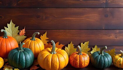 A variety of pumpkins in different shapes and colors, including orange, green, and gray, arranged on a wooden surface with autumn leaves scattered around. Halloween Concept.