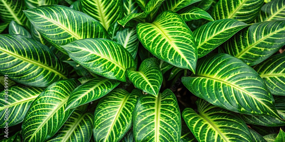 Poster abstract tropical green leaves pattern of dumb cane or dieffenbachia houseplant, lush, foliage, trop