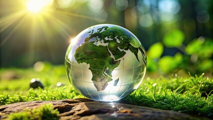ESG concept elegantly engraved on a crystal-clear glass globe, catching the light in a pristine HD close-up