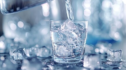 A glass of water with ice cubes in it is being poured into the glass. Concept of refreshment and hydration, as the ice cubes melt and mix with the water. The scene is simple and straightforward