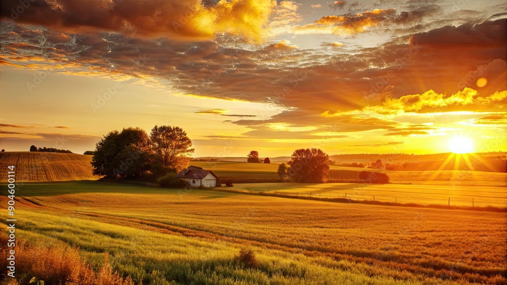 Canvas Prints Rural landscape bathed in warm sunset light, sunset, countryside, rural, landscape, nature, outdoor, sky, clouds, trees