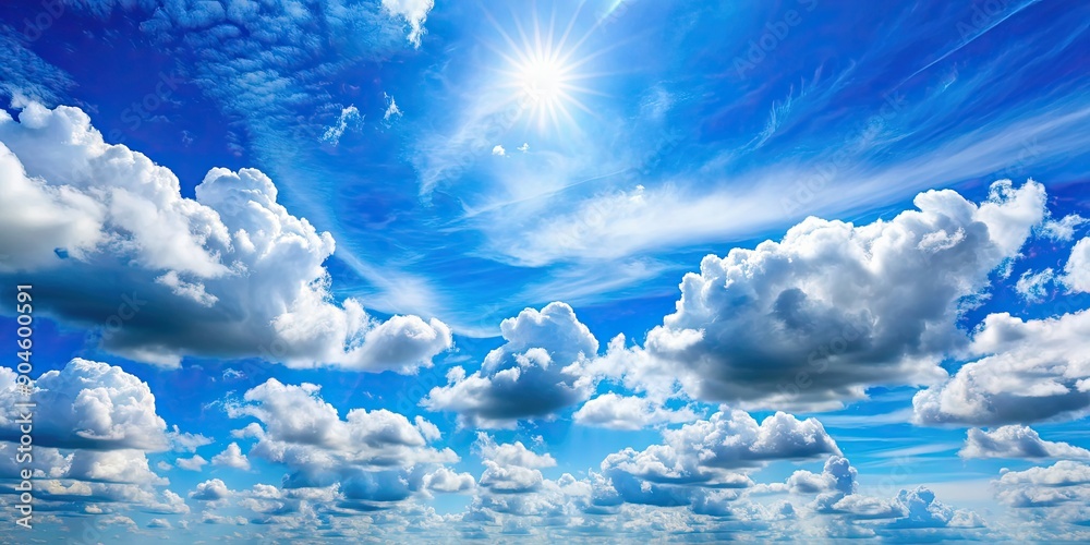 Sticker Blue sky with fluffy white clouds on a sunny day, sky, clouds, weather, nature, background, tranquil, atmosphere, sunny, daylight