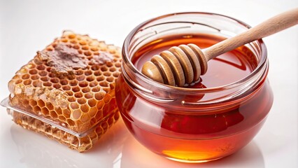 Honey isolated on a white background for food photography, sweet, sticky, clear, golden, organic, natural, pure, jar, dipping