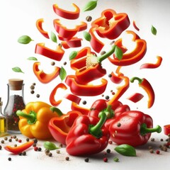 flowing of bell pepper slices on the white background