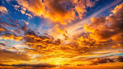 Fototapeta premium Real amazing panoramic sunset sky with gentle colorful clouds in orange gold hues , Twilight, Evening, Sunset, Orange, Gold