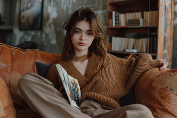 Obraz premium Close-up of A Fashionable confident woman wearing in a luxurious cashmere sweater and chic trousers, trendy, reading a book in a stylish, upscale apartment. Studio fashion portrait