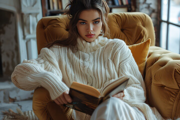Fototapeta premium Close-up of A Fashionable confident woman wearing in a luxurious cashmere sweater and chic trousers, trendy, reading a book in a stylish, upscale apartment. Studio fashion portrait