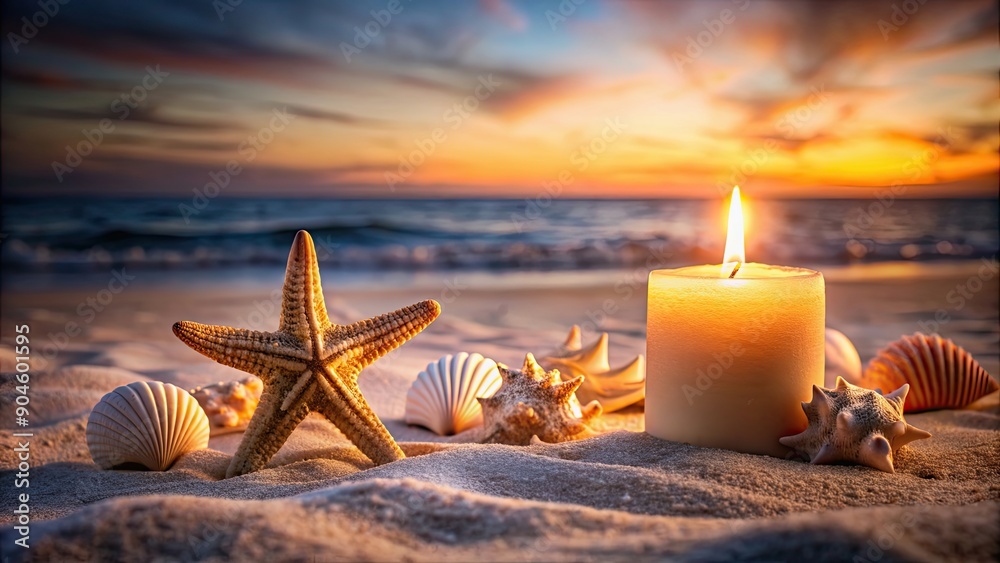 Poster Candlelit beach scene with shells and starfish , romantic, relaxation, serene, peaceful, seaside, atmosphere, tranquil