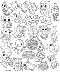 Fototapeta premium Cute lines English illustrated alphabet of English letters from A to Z. Learning English vocabulary. Learn to read. V.3