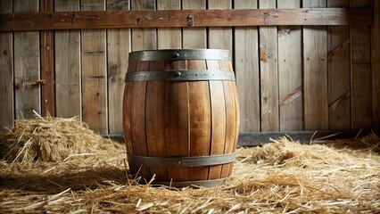 A wooden classic barrel placed on a bed of hay in a rustic barn , barrel, wood, classic, rustic, barn, hay, agriculture