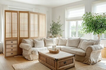 Light living room with folding screen, comfortable sofa, coffee table and chest of drawers, ai