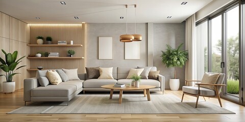 Fototapeta premium Modern living room with minimalist furniture and neutral color palette, modern, living room, interior design, contemporary