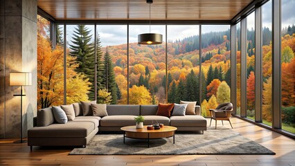 Modern living room with autumn-inspired decor and a panoramic forest view , autumn, modern, living room