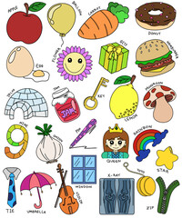 Cute colors English illustrated alphabet of English letters from A to Z. Learning English vocabulary. Learn to read. V.1