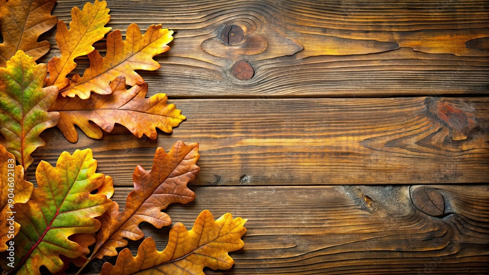 Wall mural Oak leaves on a rustic wooden background, oak leaves, wooden background, nature, autumn, texture, organic, natural, rustic