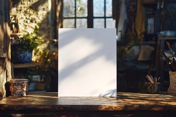 Obraz premium Blank paper mockup on table created with Generative AI