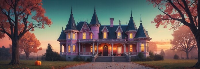 Pink Victorian Mansion at Dusk