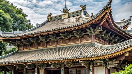 Traditional Chinese temple with intricate wooden carvings and curved roof tiles, ancient