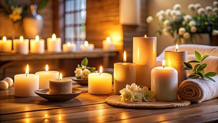Soft candlelit room with decorative velas, perfect for hotel spa or home relaxation with aromatherapy massage, candles