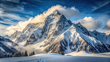 Snow-covered mountains landscape with a serene snowy peak perfect for winter alpinism, snow, mountains, snowy, peak, landscape