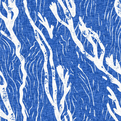 Whimsical seaweed kelp coastal electric blue beach pattern. Batik screen block print cloth effect. Playful tropical summervacation background. Modern scandi underwater plant seamless design.