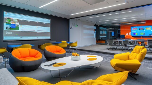 Modern office space with vibrant lounge area, comfortable seating, and high-tech presentation facilities for meetings and collaboration.