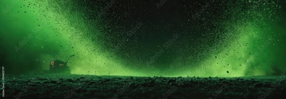 Wall mural green smoke and particles abstract background.