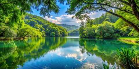 Obraz premium A tranquil lake surrounded by lush greenery, creating a moment of contemplative beauty , serenity, peaceful, reflection