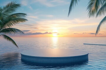 Fototapeta premium Podium stand in luxury swimming pool water with sea and sunset view. Summer background of tropical design product placement display. Hotel resort, ai