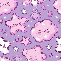 Cute Pink and Purple Kawaii Star and Cloud Pattern
