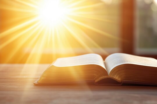 Bright sun light and bible book silhouette of the Holy Jesus Christ guiding the bright path	
