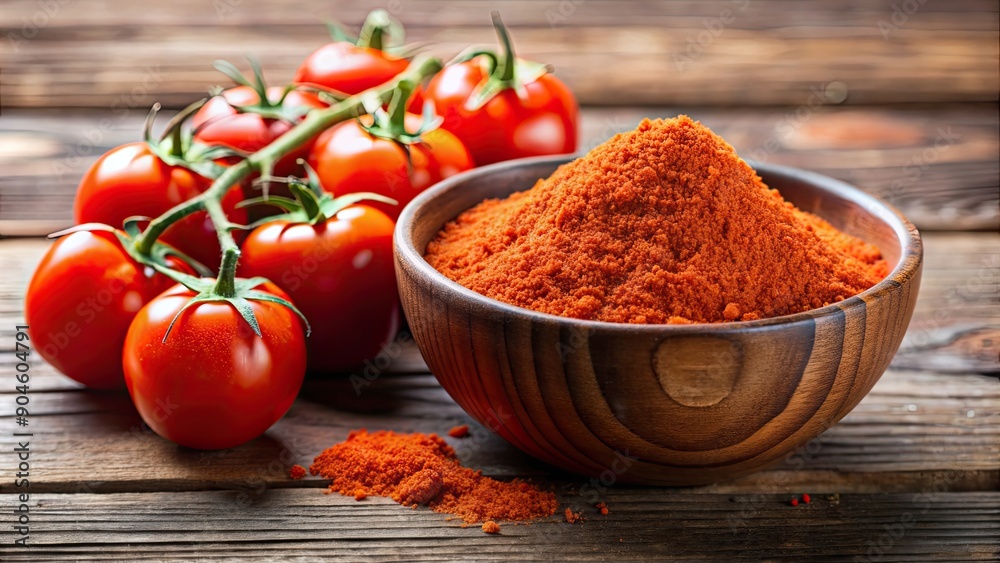 Sticker Tomato powder in a bowl with fresh tomatoes in the background , food, seasoning, ingredient, red, spice, healthy