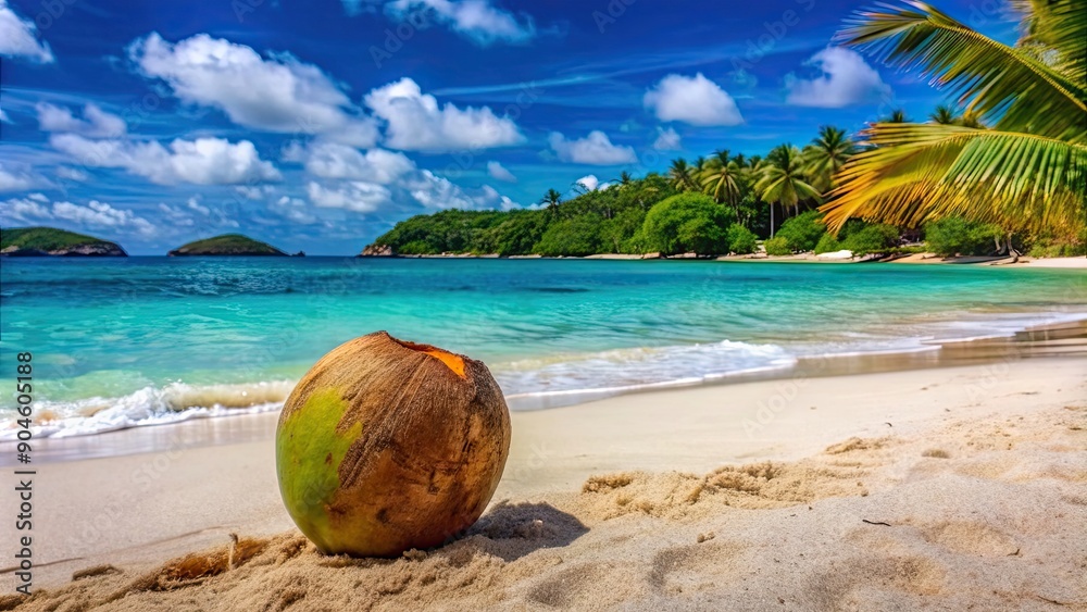 Canvas Prints Coconut resting on a sandy beach overlooking the turquoise sea with lush tropical island in the distance, coconut