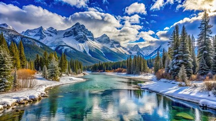 Snowy mountains and icy river with lush trees and blue clouds in the sky, snow-capped, mountains, green water, reflection, sunlight