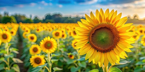 Fototapeta premium Field of sunflowers with a few flowers in the foreground, sunflowers, field, nature, landscape, beauty, yellow, bright
