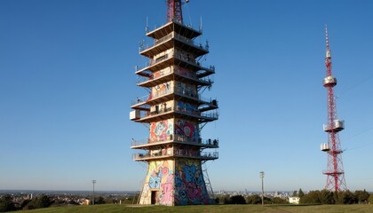 Graffiti Covered Communication Tower with City Skyline.